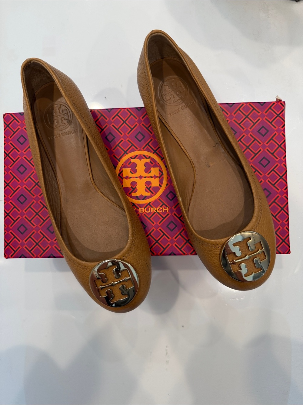 Tory Burch Tan Leather Logo Ballet Flats